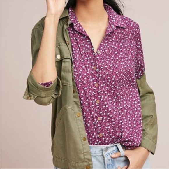 EUC Maeve x Anthro Calico Floral Button Down Wine in Size Sz 0 - Picture 2 of 13